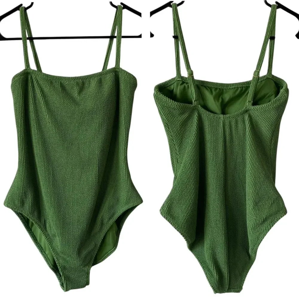 NEW SHADE & SHORE Green One Piece Swim Suit Crinkle Knit Size Medium Adjustable